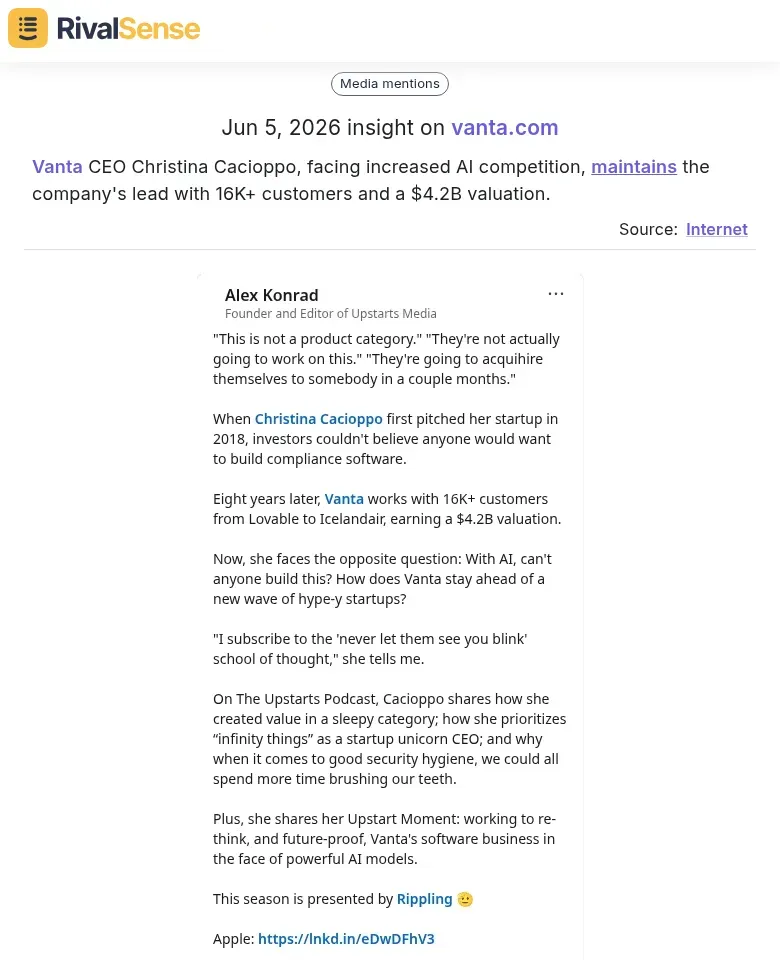 RivalSense insight: Vanta CEO messaging on AI competition