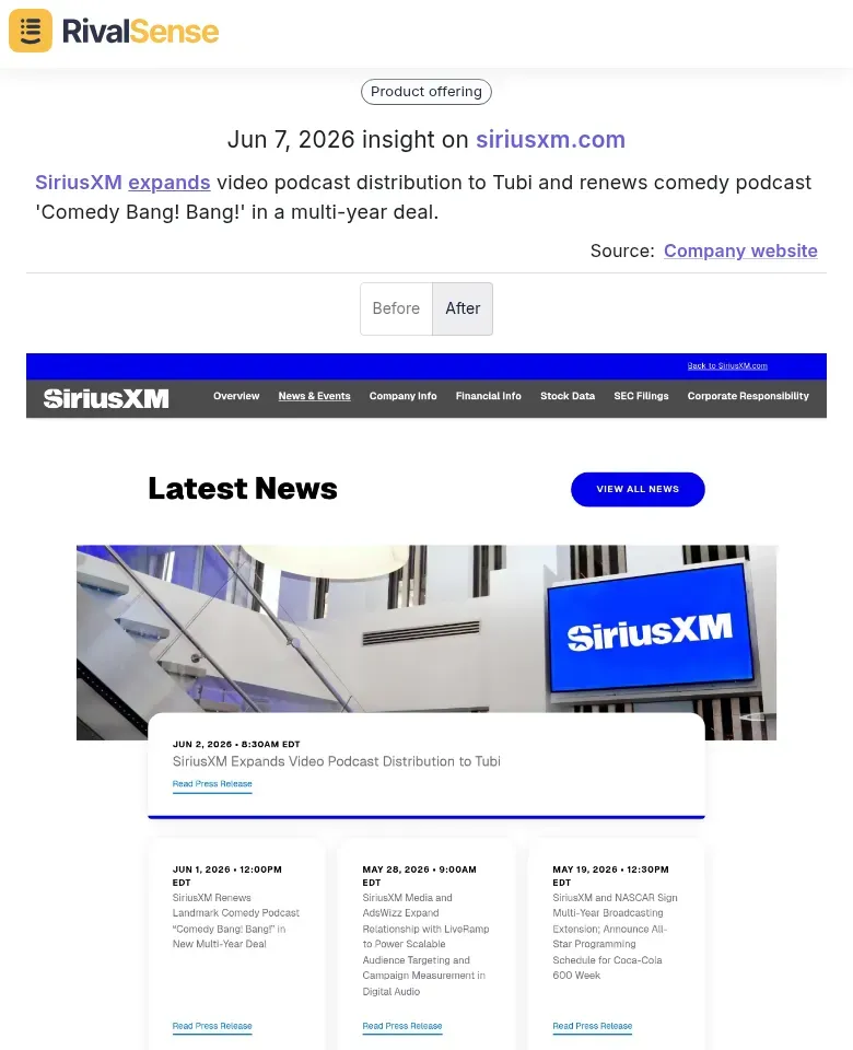 Real-time insight from RivalSense: SiriusXM expands video podcast distribution to Tubi and renews deal