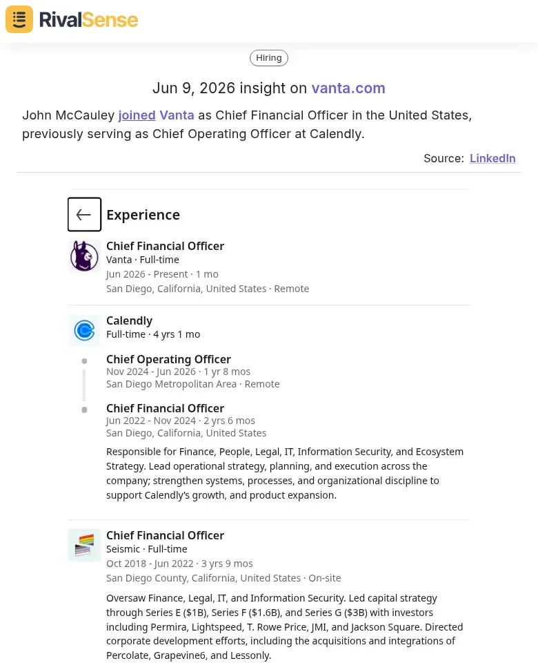 RivalSense insight: John McCauley becomes Vanta CFO