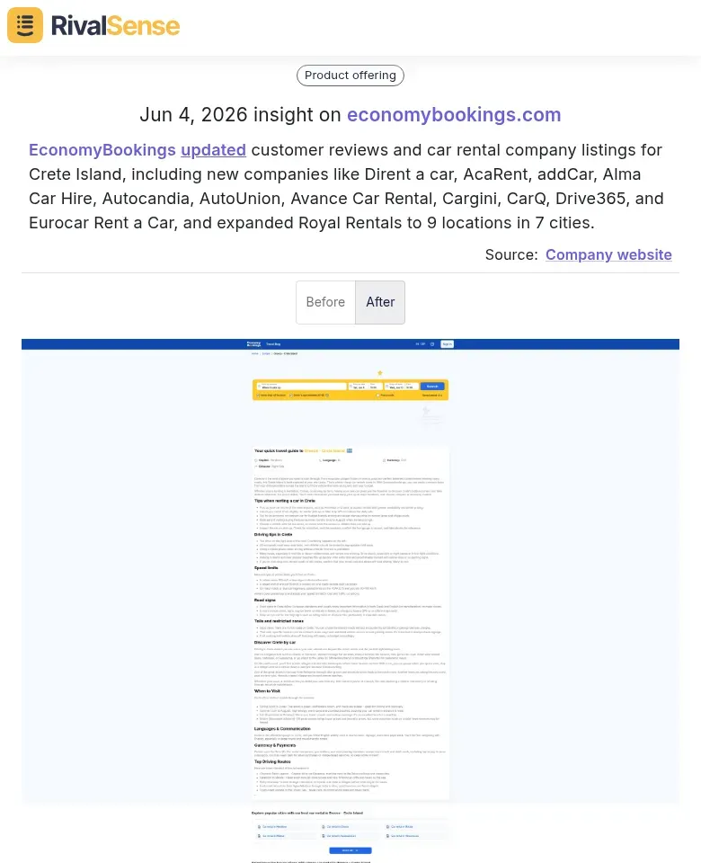 RivalSense competitor insight showing EconomyBookings' Crete expansion