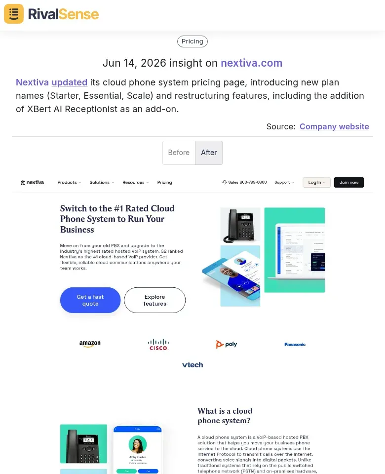 RivalSense insight: Nextiva pricing page update showing new plans and AI Receptionist add-on
