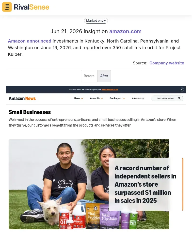 RivalSense insight snapshot showing Amazon’s multi-state investment and Project Kuiper satellite milestone