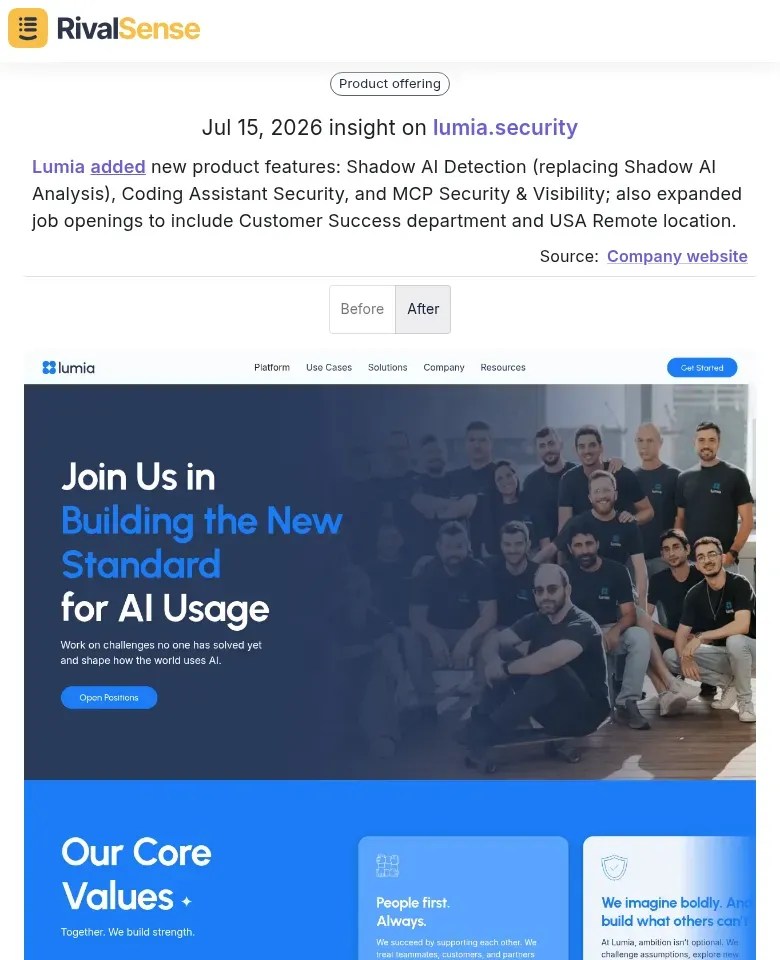 RivalSense alert showing Lumia’s new features and job openings