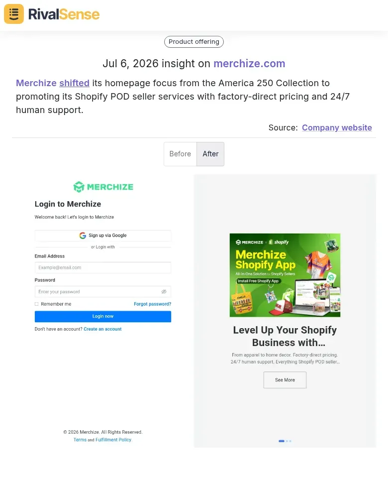 RivalSense insight: Merchize shifted homepage focus to Shopify POD services