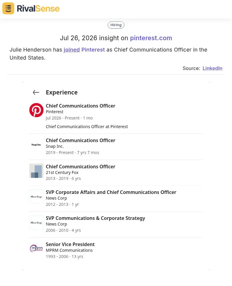 Julie Henderson joins Pinterest as Chief Communications Officer
