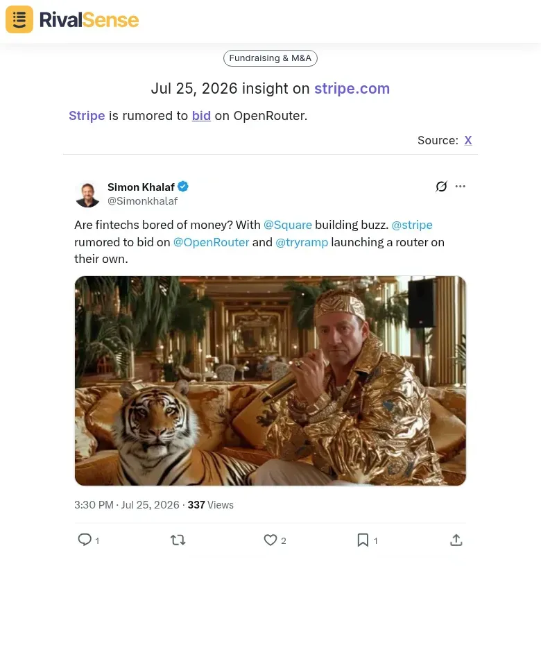 RivalSense insight: Stripe rumored to bid on OpenRouter