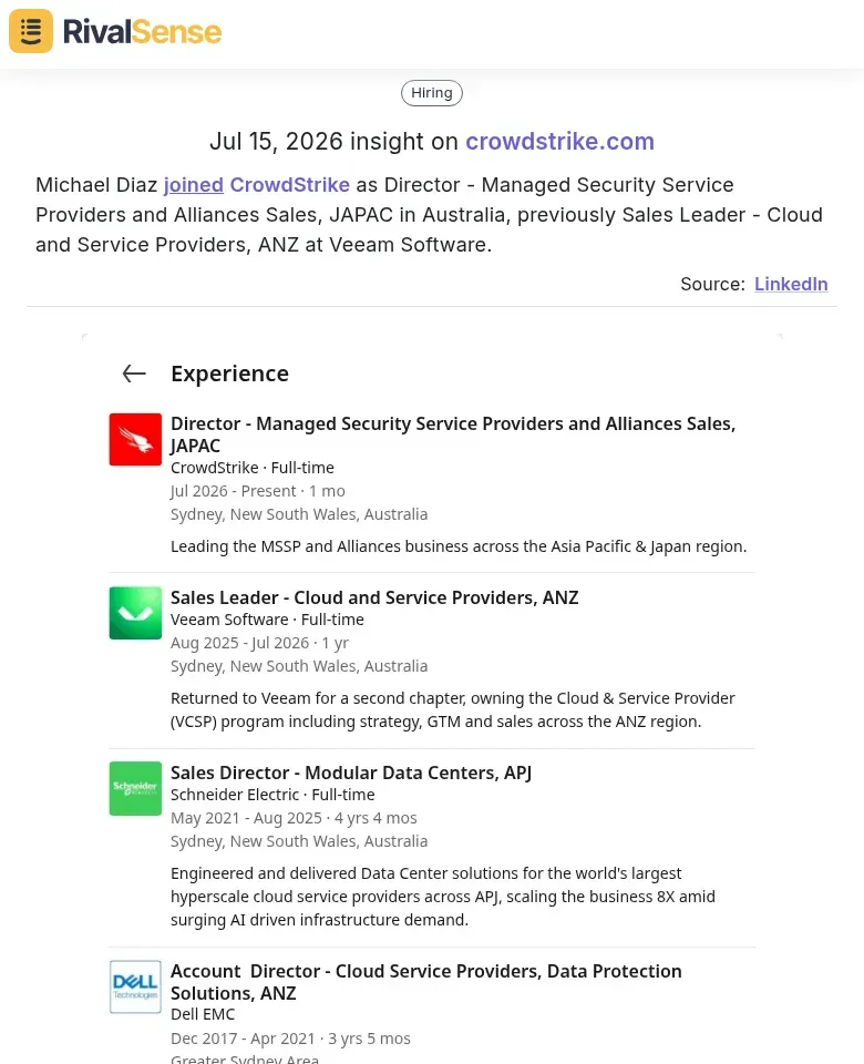 Michael Diaz joined CrowdStrike as Director - Managed Security Service Providers and Alliances Sales, JAPAC in Australia, previously Sales Leader - Cloud and Service Providers, ANZ at Veeam Software.
