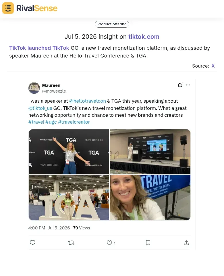 RivalSense alert showing TikTok GO launch mentioned at a conference