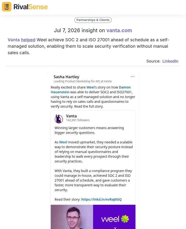 Vanta helped Weel achieve SOC 2 and ISO 27001 ahead of schedule as a self-managed solution, enabling them to scale security verification without manual sales calls.