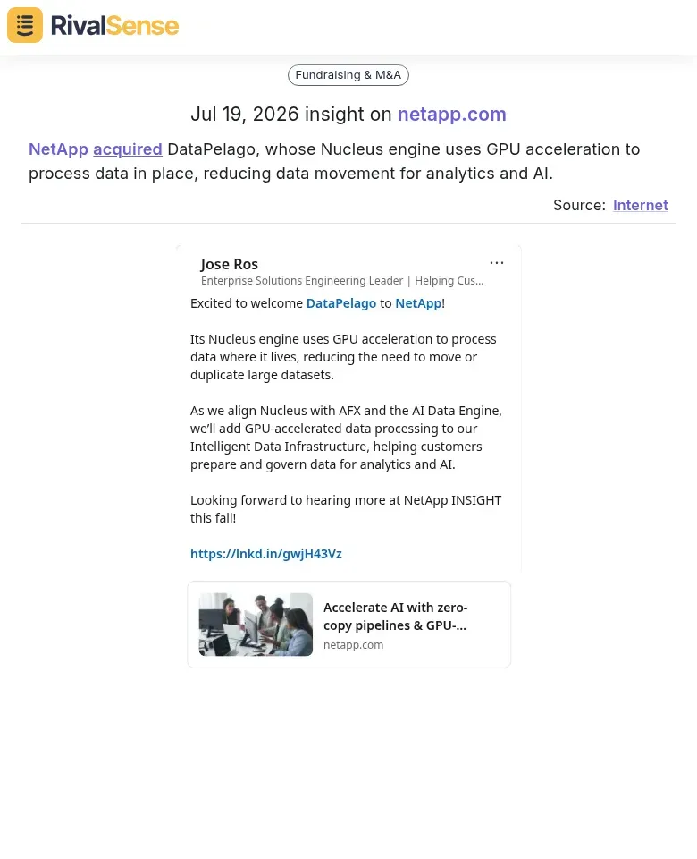 RivalSense insight: NetApp acquires DataPelago