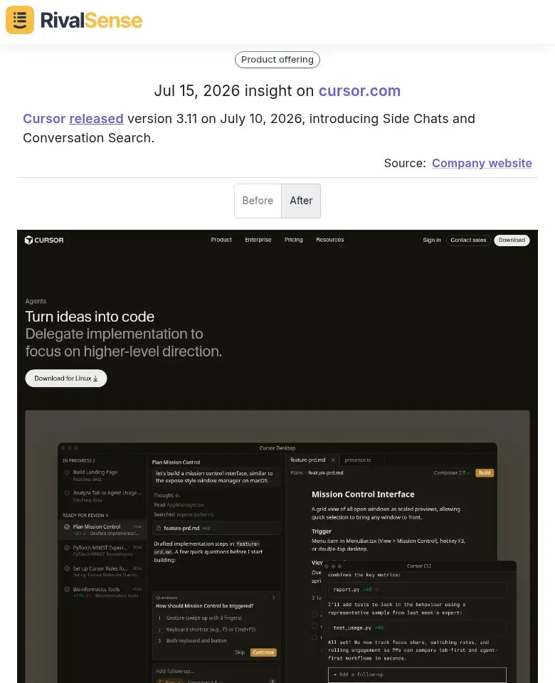 Cursor v3.11 with Side Chats and Conversation Search