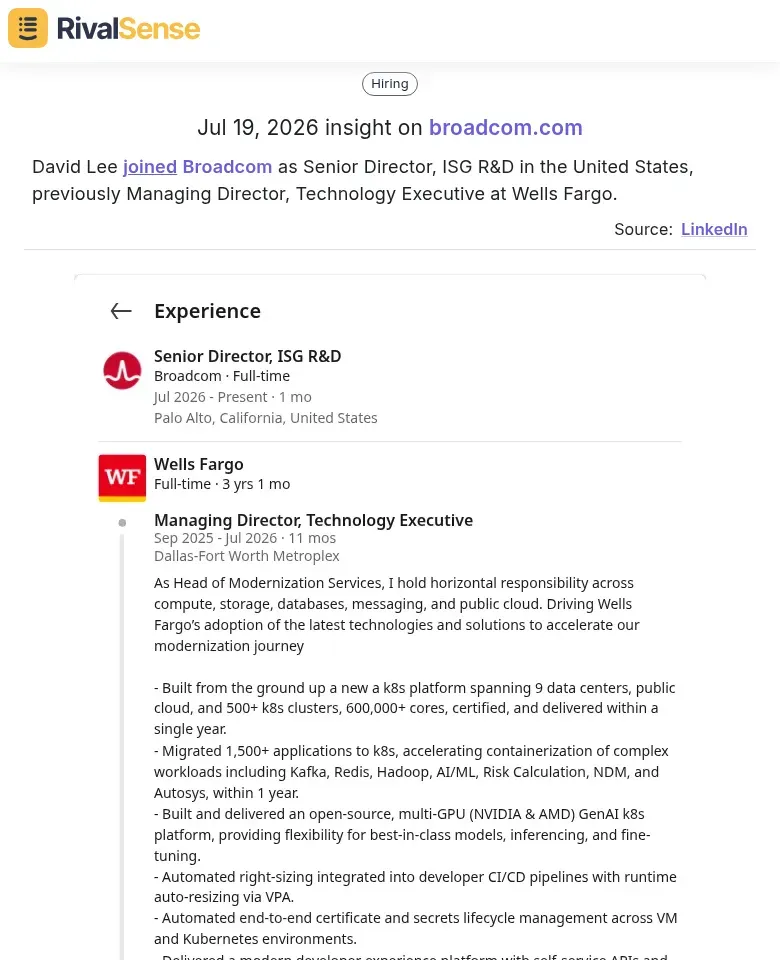 David Lee joined Broadcom as Senior Director, ISG R&D in the United States, previously Managing Director, Technology Executive at Wells Fargo.