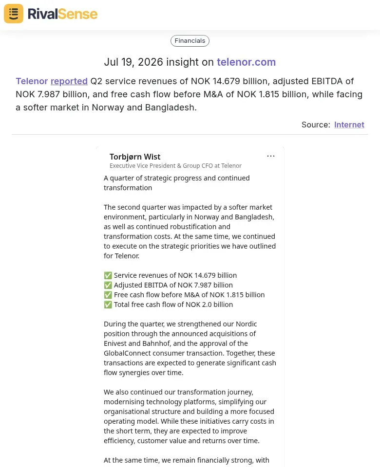 RivalSense insight: Telenor Q2 financials