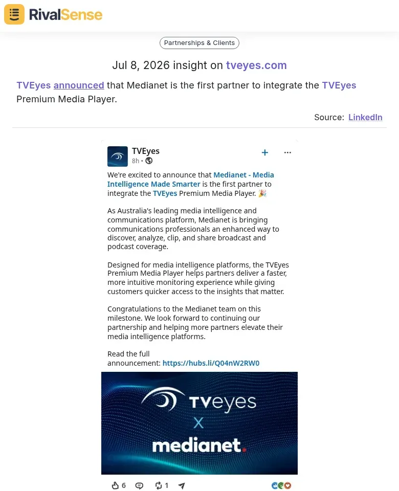 TVEyes announced that Medianet is the first partner to integrate the TVEyes Premium Media Player.