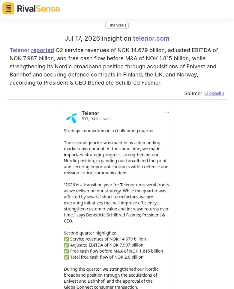 RivalSense insight: Telenor strategic expansion