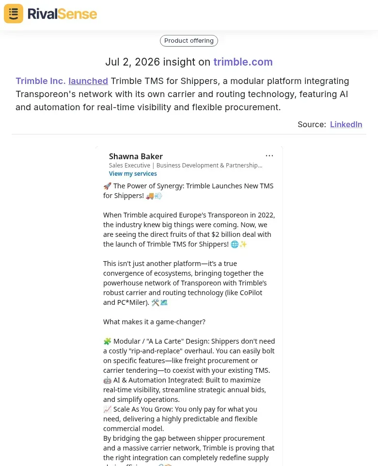 Trimble TMS for Shippers interface