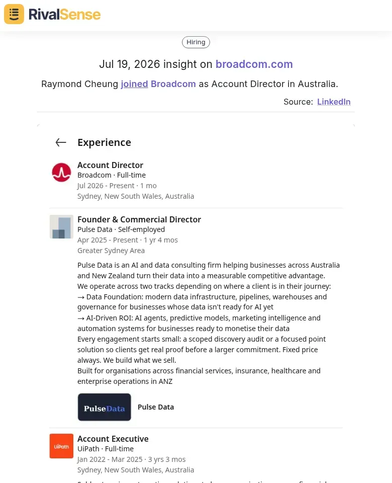 Raymond Cheung joined Broadcom as Account Director in Australia.