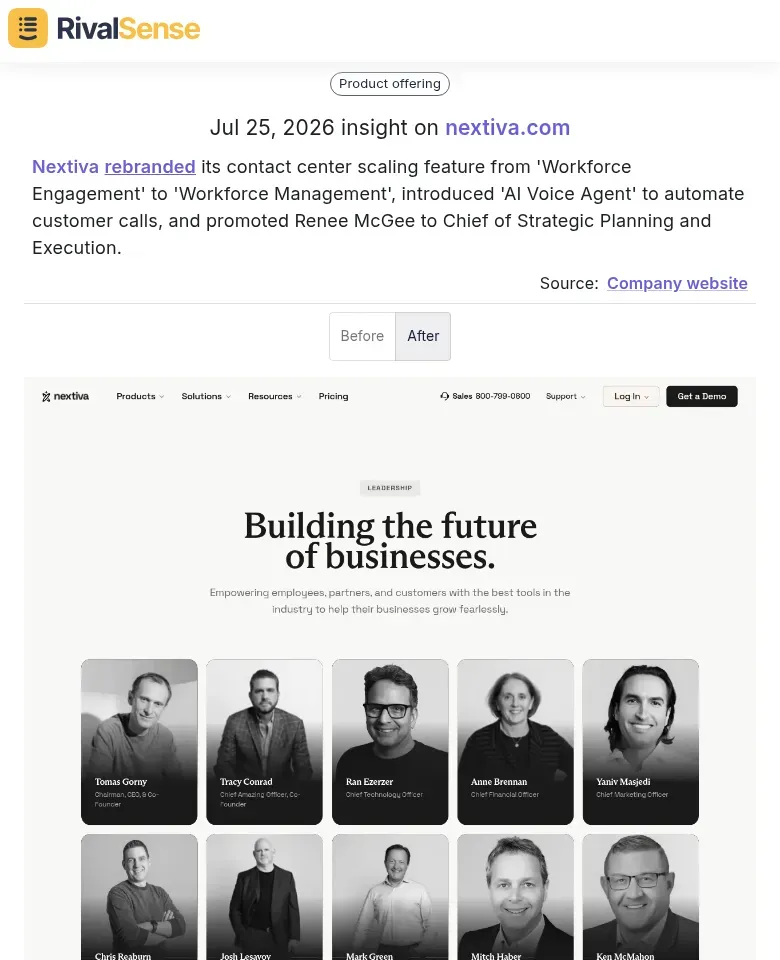 Nextiva rebrand to Workforce Management, AI Voice Agent, and executive promotion