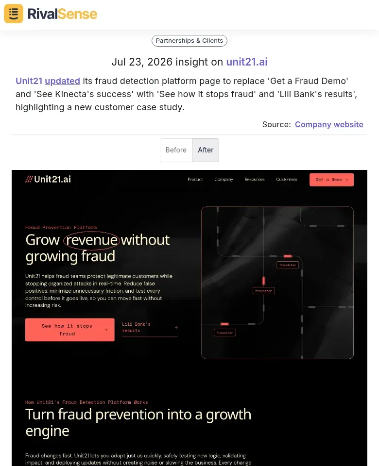 Unit21 replaced Kinecta with Lili Bank on their product page