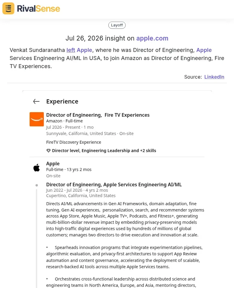 Venkat Sundaranatha leaves Apple for Amazon as Director of Engineering, Fire TV Experiences