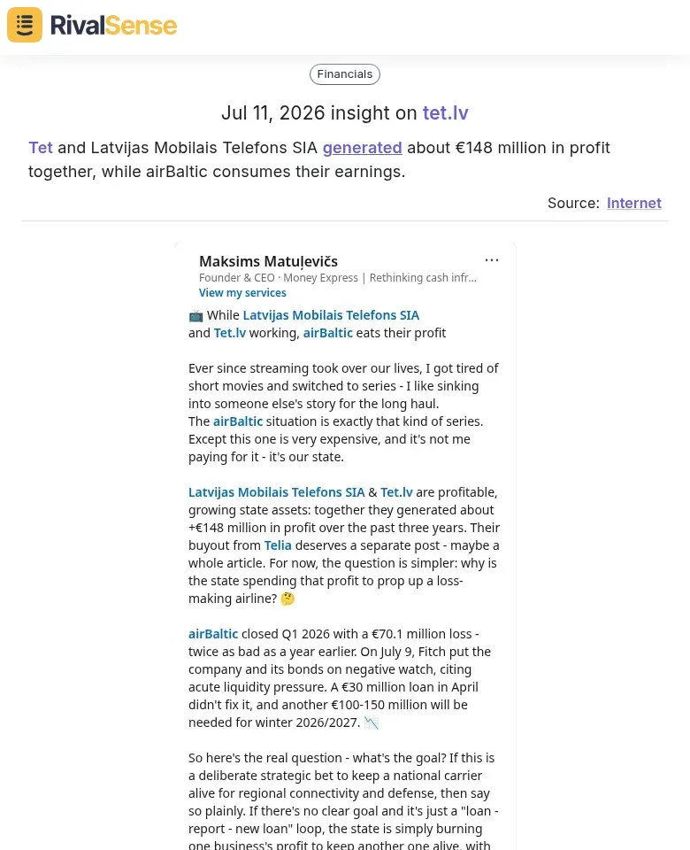 RivalSense insight: Tet and LMT profits vs. airBaltic