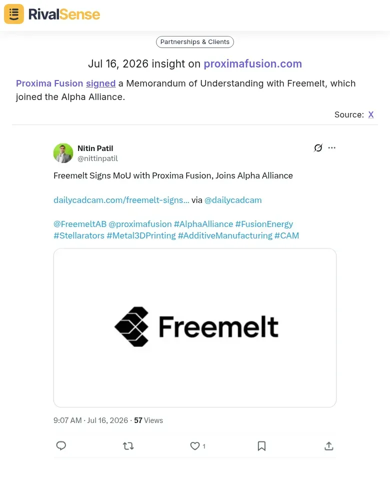 Proxima Fusion MoU with Freemelt