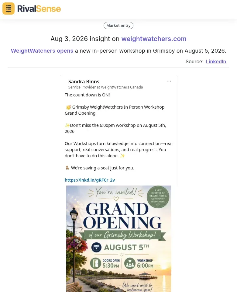 WeightWatchers opens a new in‑person workshop in Grimsby on August 5, 2026