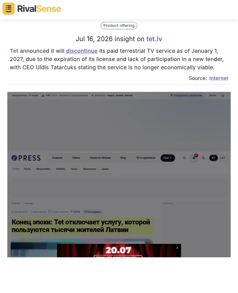 RivalSense insight: Tet terrestrial TV discontinuation