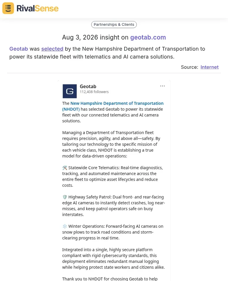 Geotab selected by New Hampshire DOT to power statewide fleet with telematics and AI camera solutions