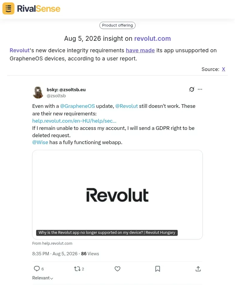 RivalSense insight on Revolut blocking GrapheneOS